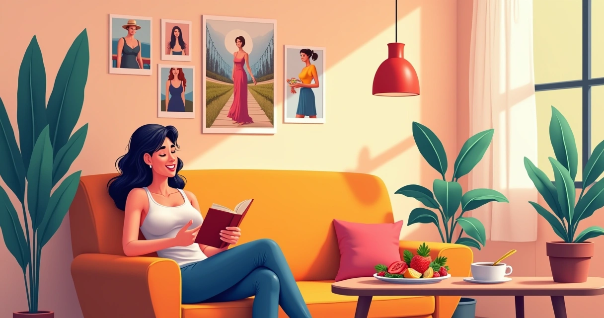 Dona de casa motivada rodeada de inspiração e lanches saudáveis em ambiente acolhedor.