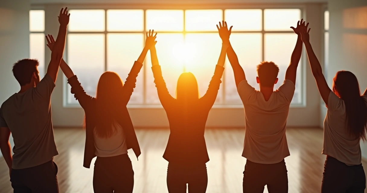 Grupo de pessoas celebrando em círculo após alcançarem um objetivo juntos. 