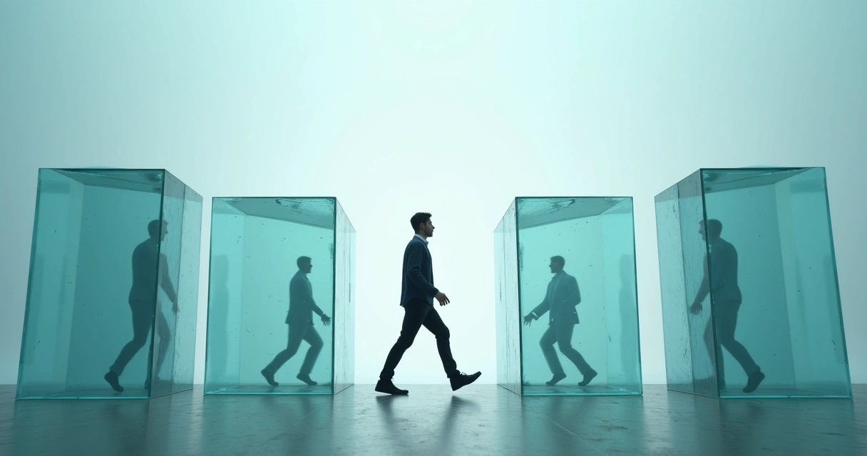 Pessoa ultrapassando barreiras invisíveis de blocos transparentes 