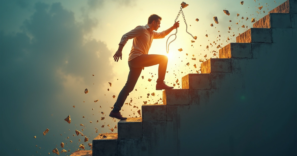 Pessoa subindo escada simbólica e rompendo barreira 