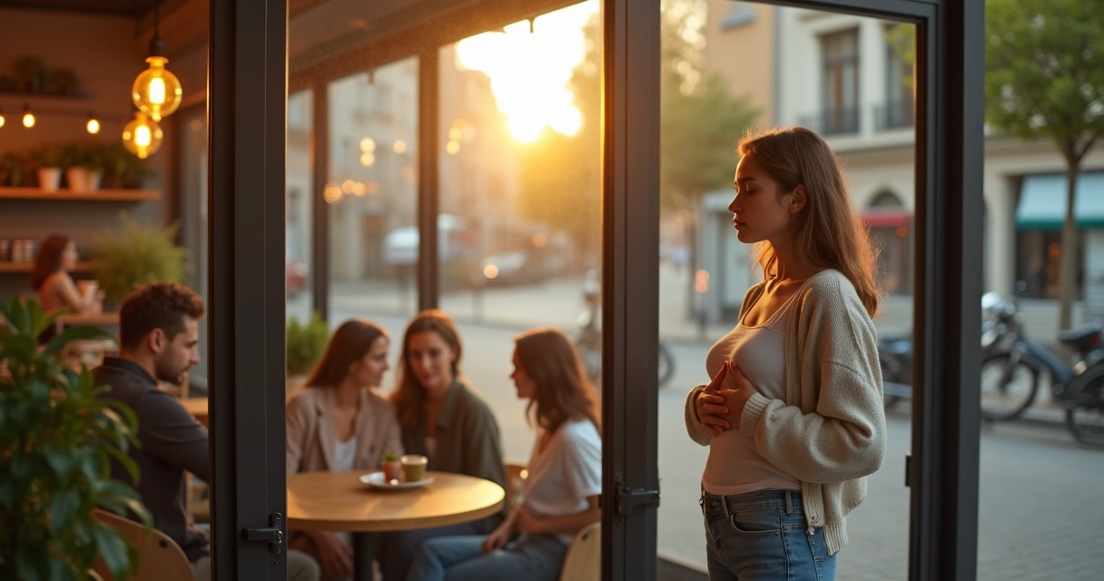 Pessoa respirando fundo antes de entrar em encontro com amigos em café moderno 