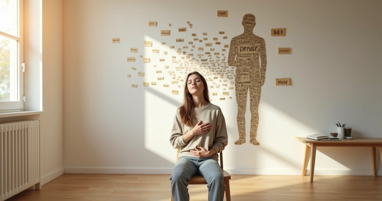Persona sentada en calma soltando una sombra autoexigente al fondo 