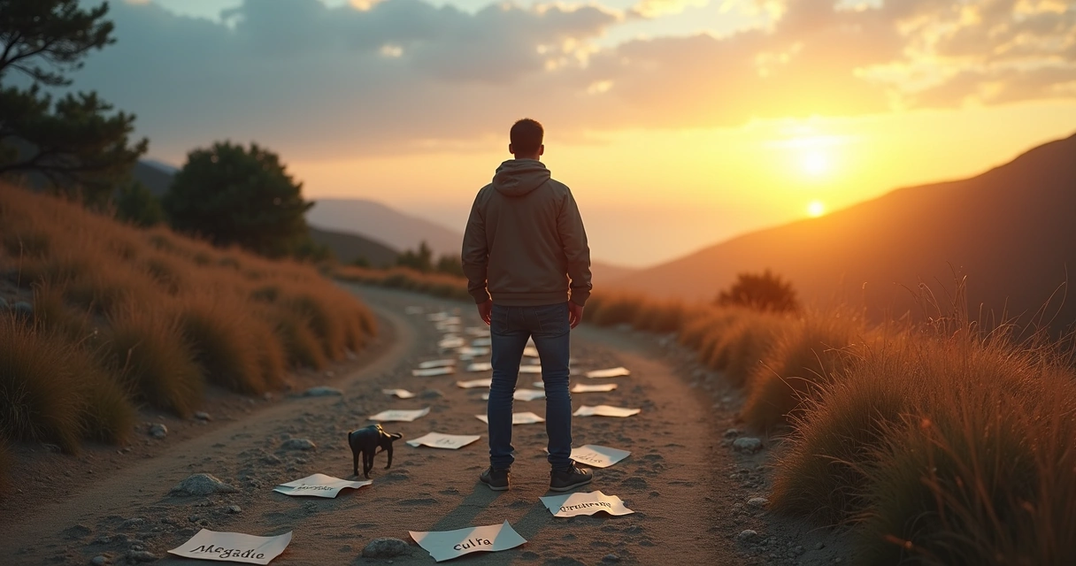 Persona en un cruce de caminos dejando atrás la sombra del autosabotaje hacia un camino de luz 