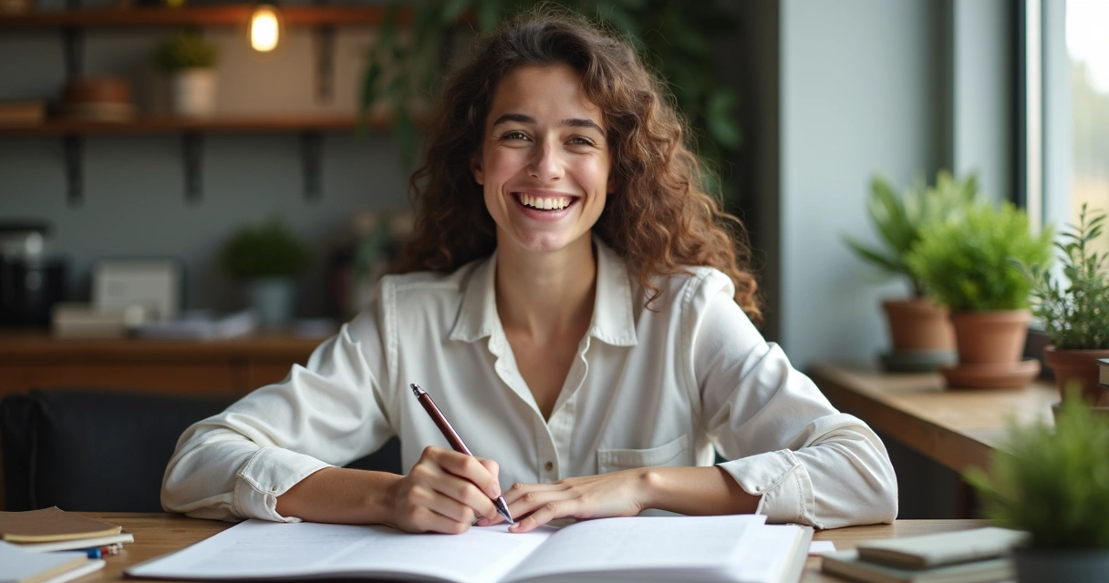 Persona sonriente con libreta y bolígrafo en escritorio, ambiente de logro personal 