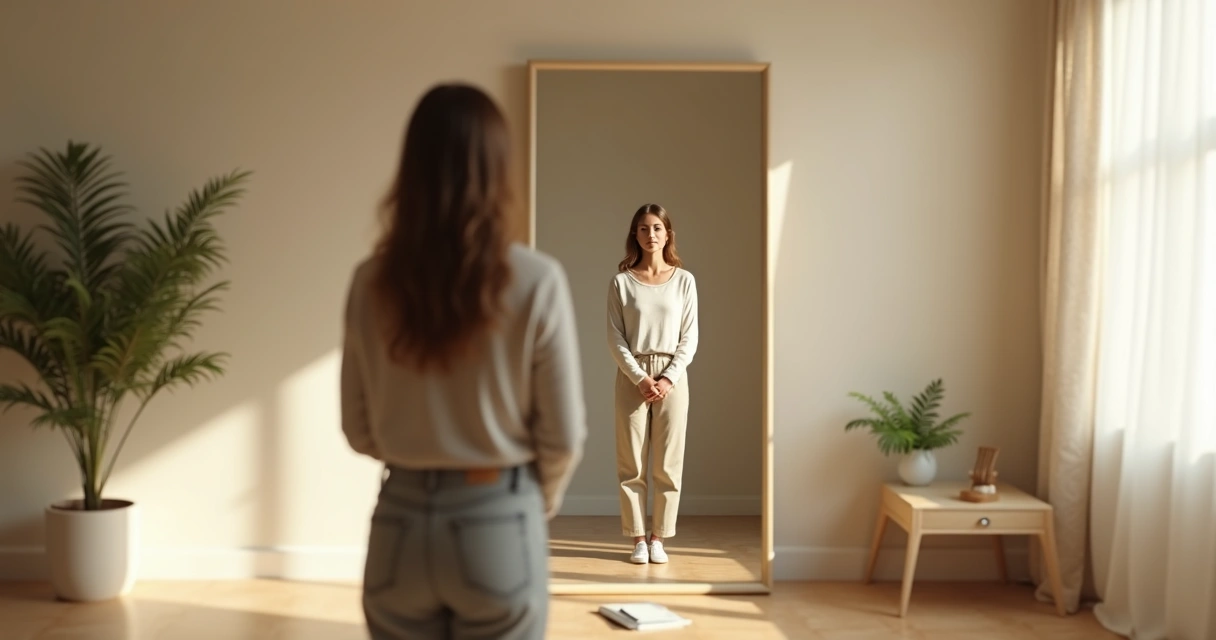 Persona observando su reflejo con mente clara y actitud decidida 