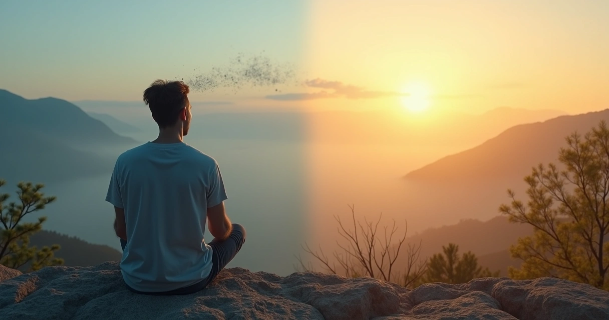 Pessoa em reflexão liberando correntes mentais em ambiente calmo 