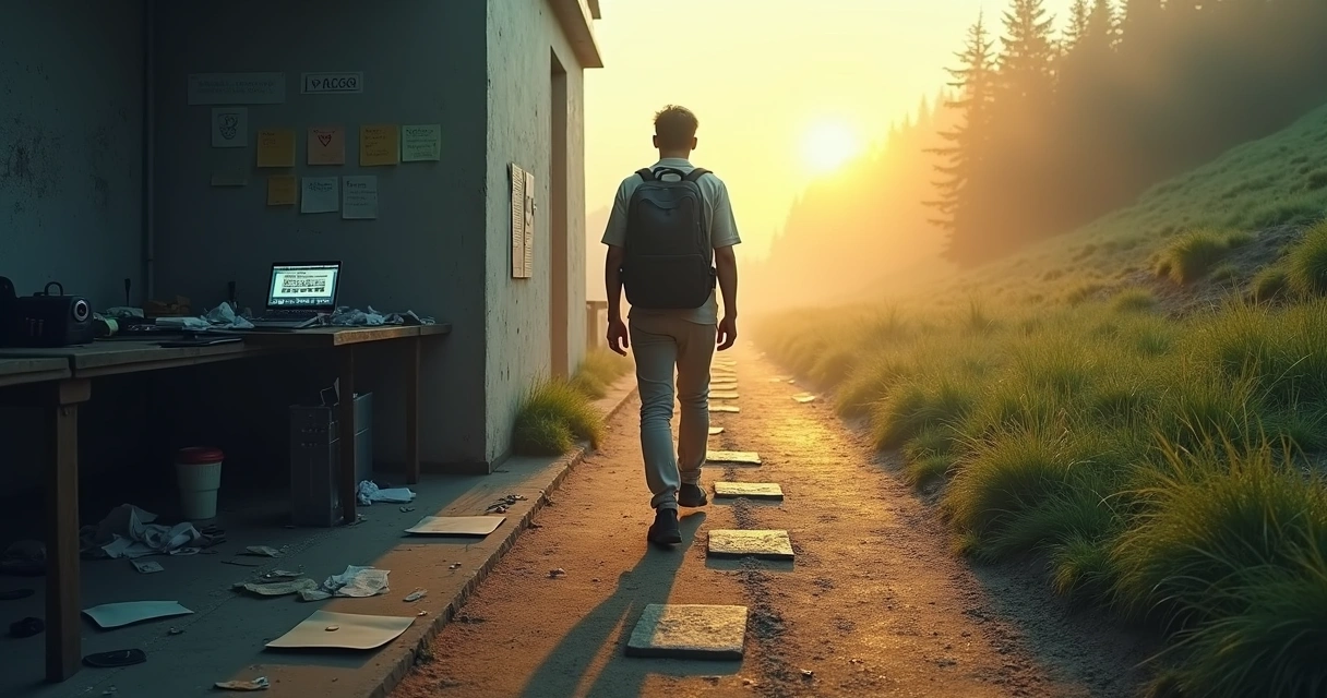 Pessoa caminhando de uma área escura para uma trilha iluminada simbolizando superação da autossabotagem 