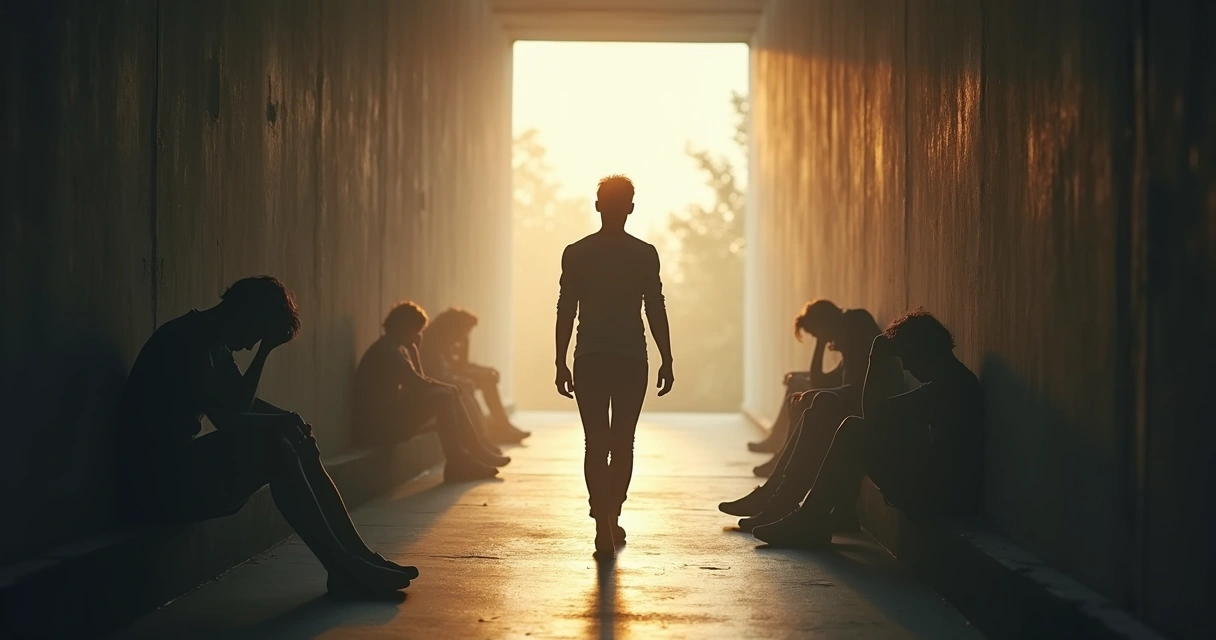 Pessoa caminhando de uma área escura para uma passagem iluminada 