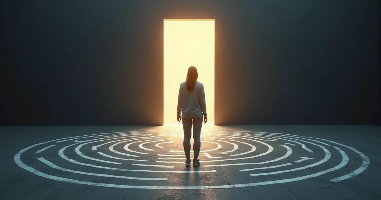 Pessoa em pé diante de labirinto escuro caminhando em direção a uma porta de luz 
