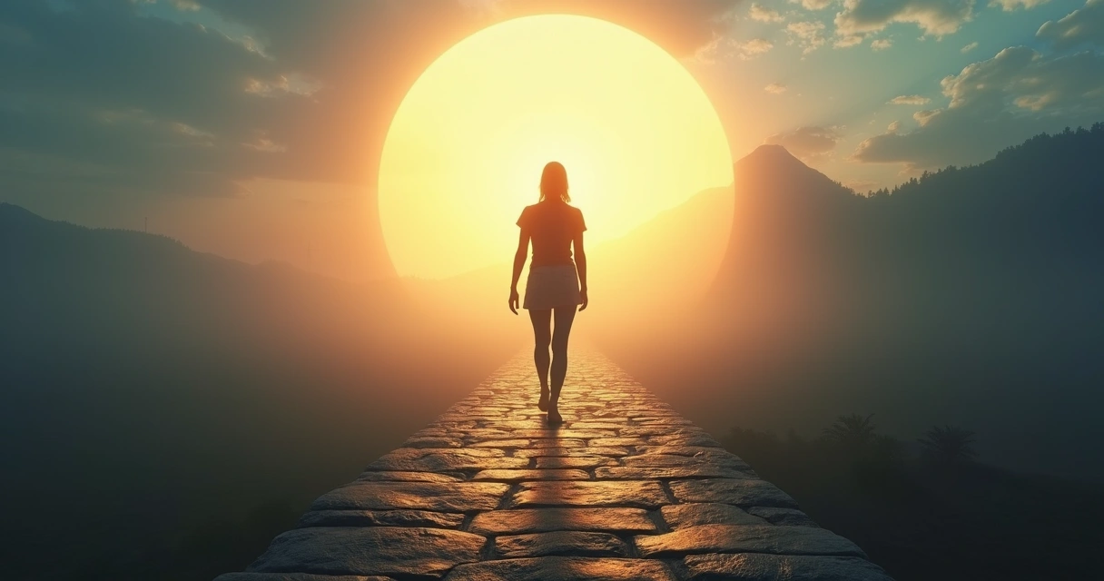 Pessoa caminhando em direção a portal de luz deixando para trás sombras que a prendiam 