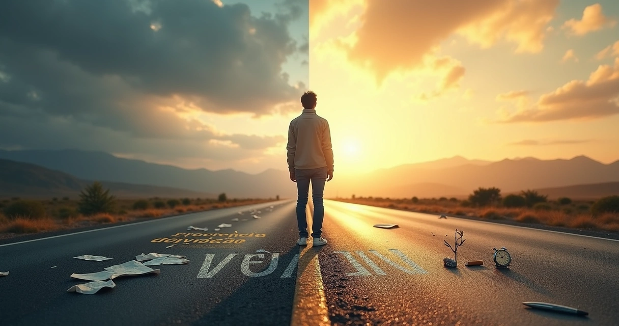 Pessoa caminhando em estrada dividida entre caos e clareza, simbolizando superação da autossabotagem 