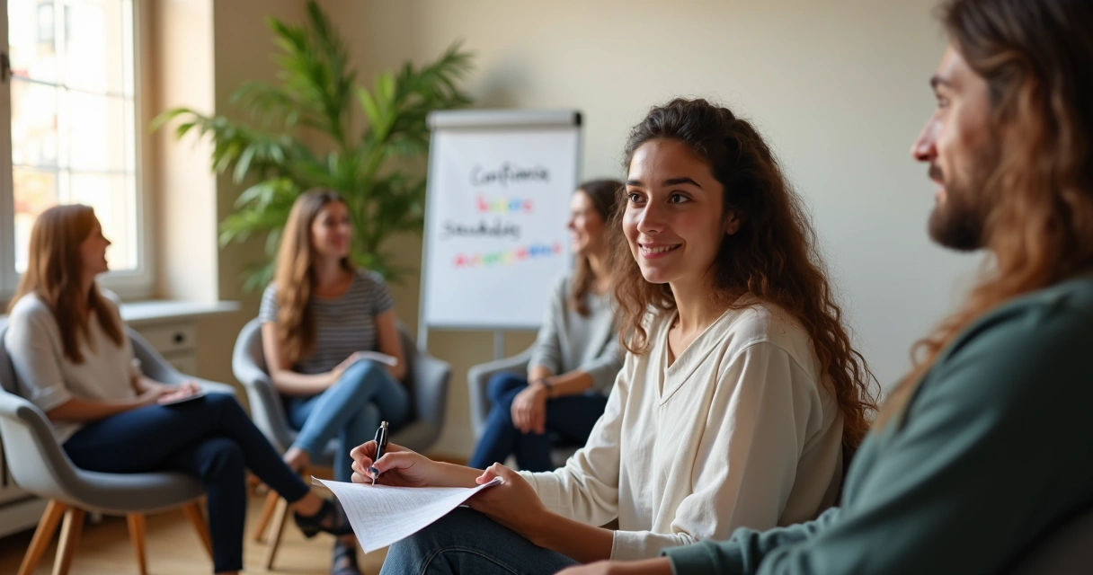 Pessoa em roda de conversa superando autossabotagem social 