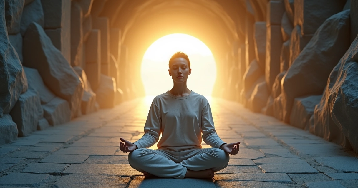 Pessoa em meditação atravessando um túnel escuro em direção a uma luz clara 