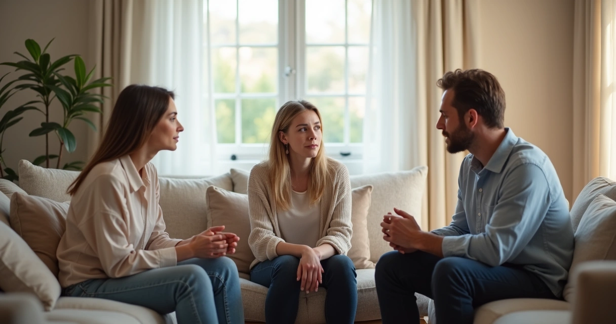 Três pessoas em um diálogo franco, em uma sala neutra 