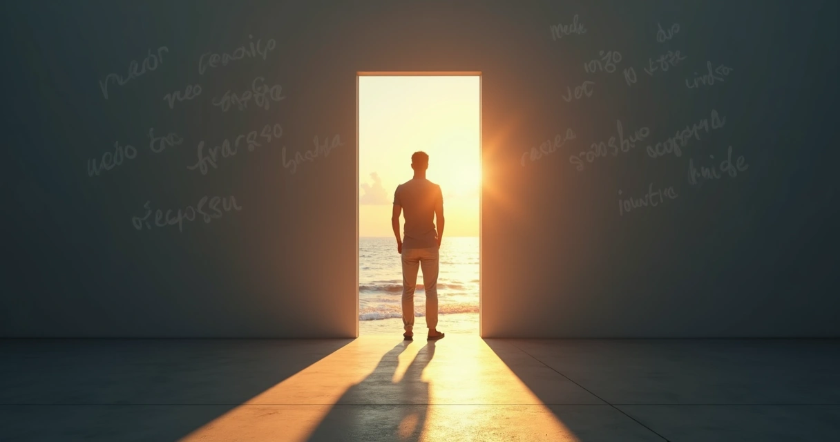 Pessoa abrindo uma porta luminosa deixando para trás sombras com palavras negativas 