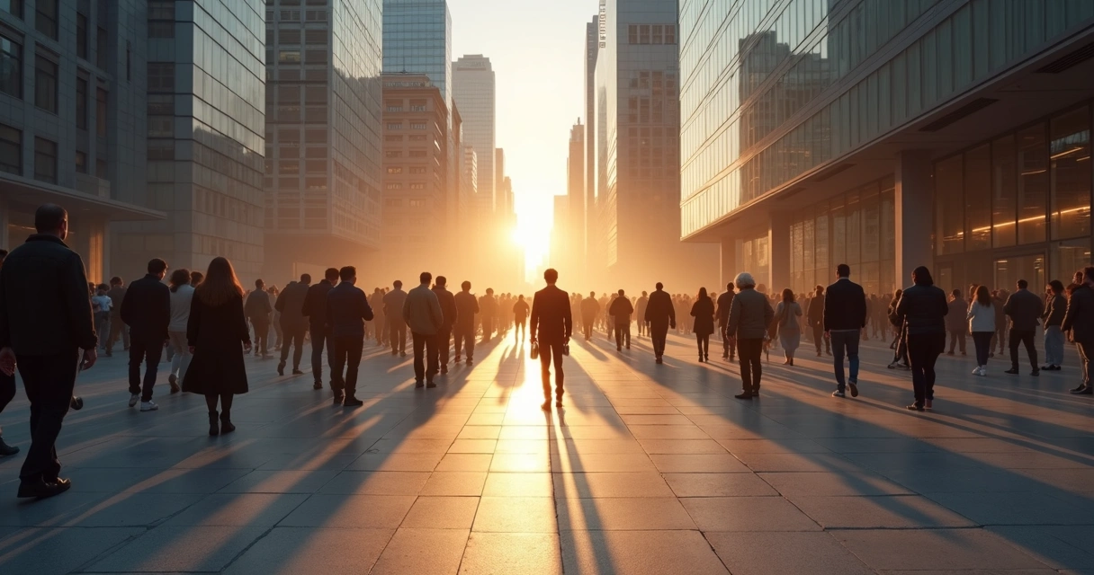 Multidão dividida entre medo e potencial coletivo em cenário urbano 