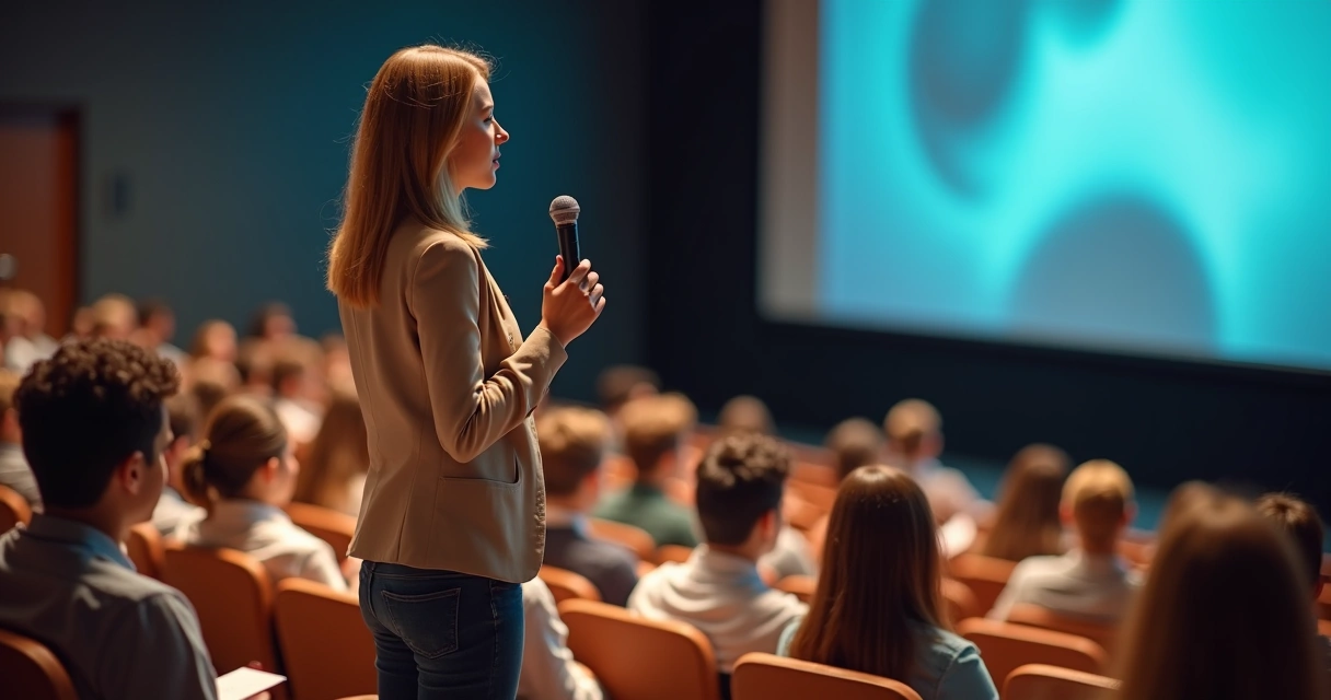 Mulher falando em público com confiança diante de uma plateia atenta 