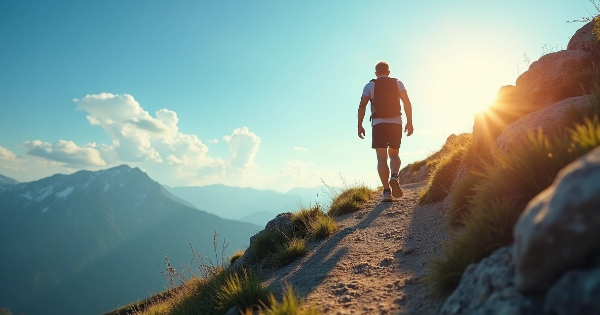 Pessoa em uma trilha subindo montanha, céu azul, passo a passo para progresso 