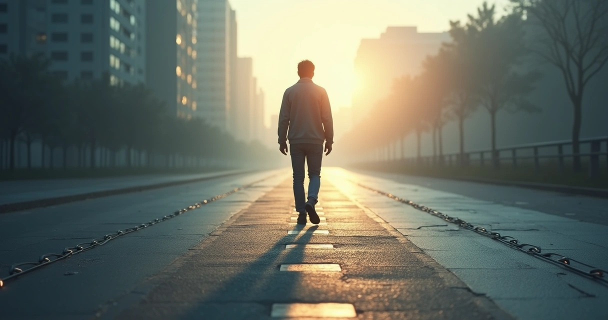 Persona dejando atrás una sombra oscura y caminando hacia una luz clara 