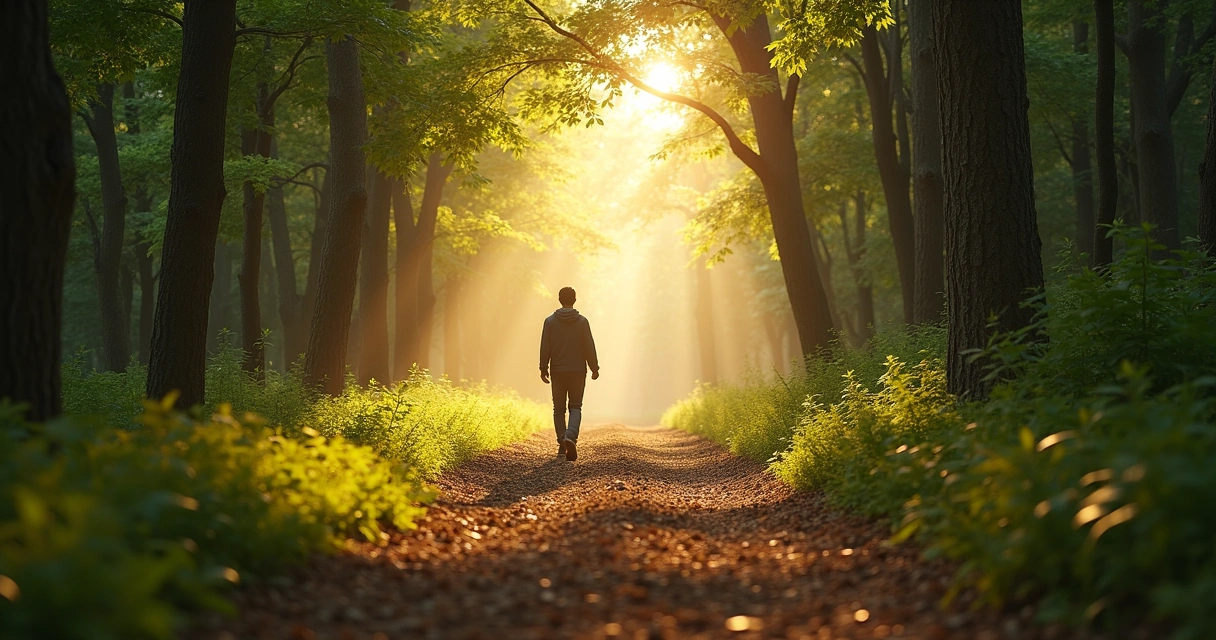 Persona avanzando por un camino entre árboles, luz al fondo