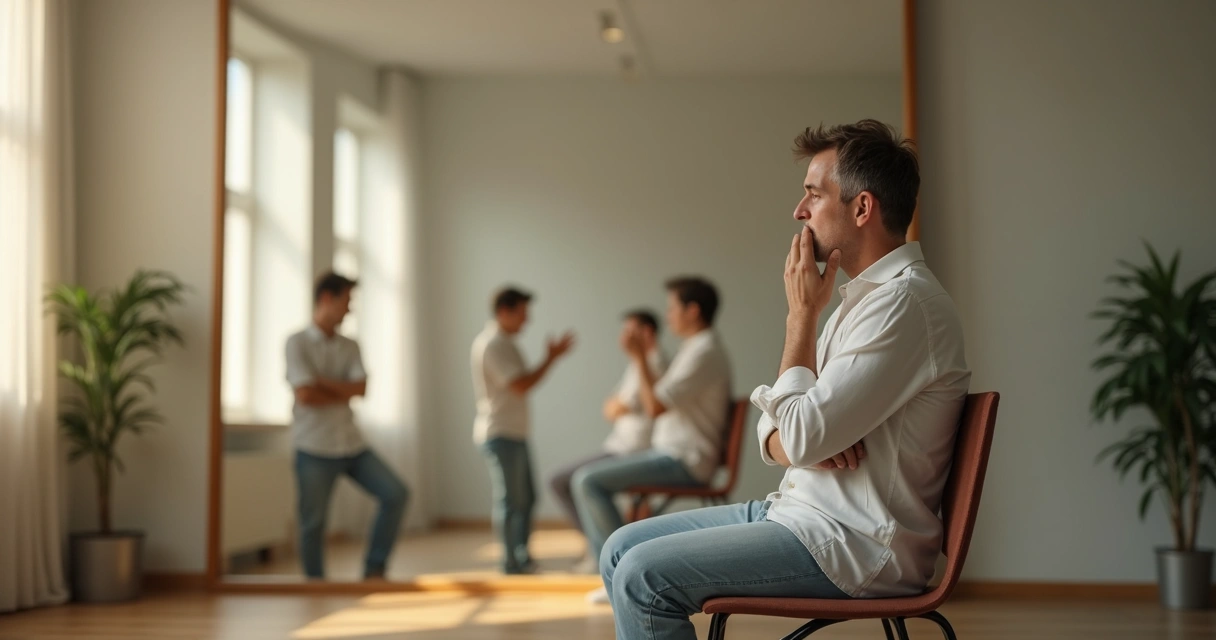 Pessoa refletindo diante de espelho com versões de si ao fundo 