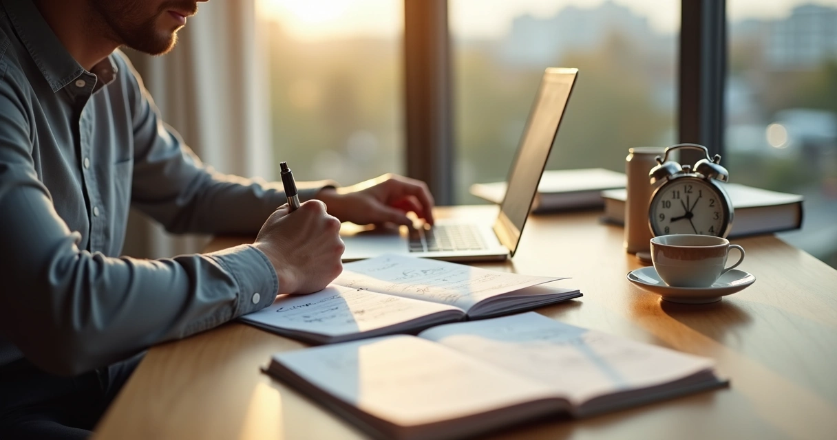 Pessoa refletindo diante de janela com caderno e relógio simbolizando superação da procrastinação 