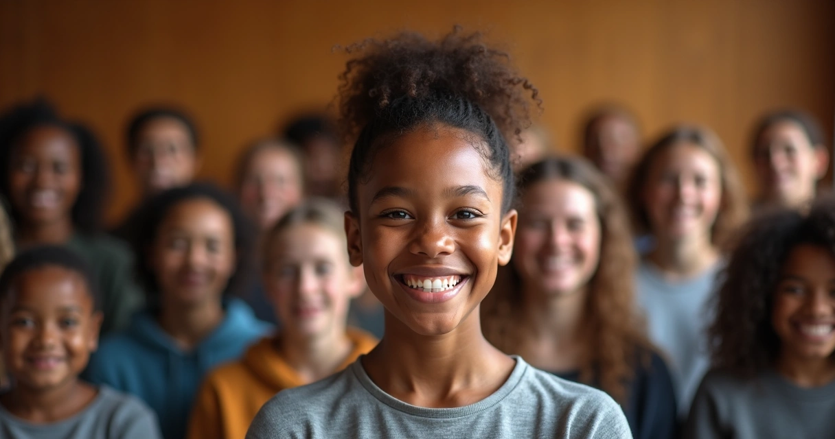 Joven sonriendo tras superar vergüenza en grupo
