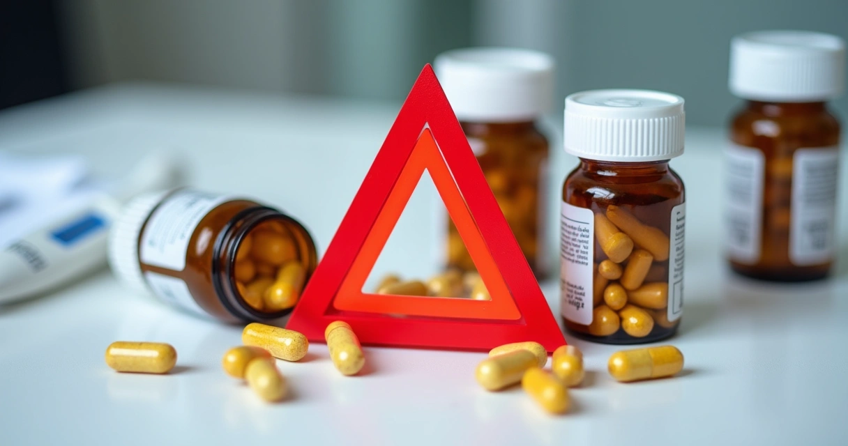 Frascos de vitaminas próximos a símbolo de alerta