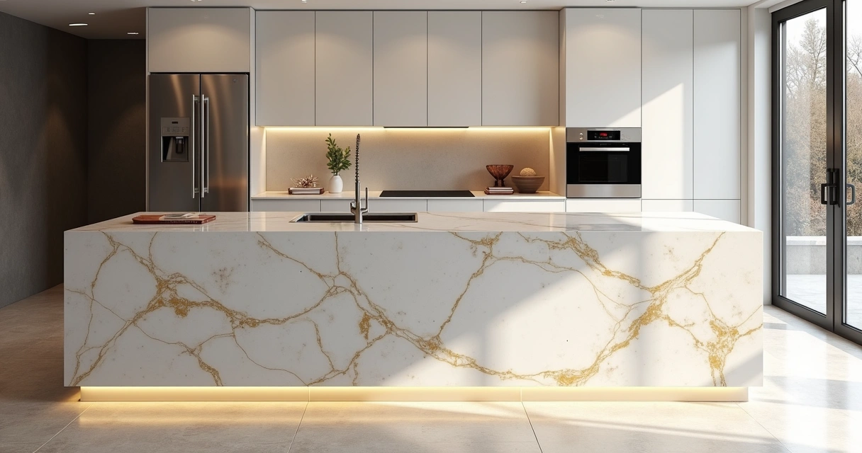 Bancada de cozinha feita com mármore Taj Mahal com iluminação suave 