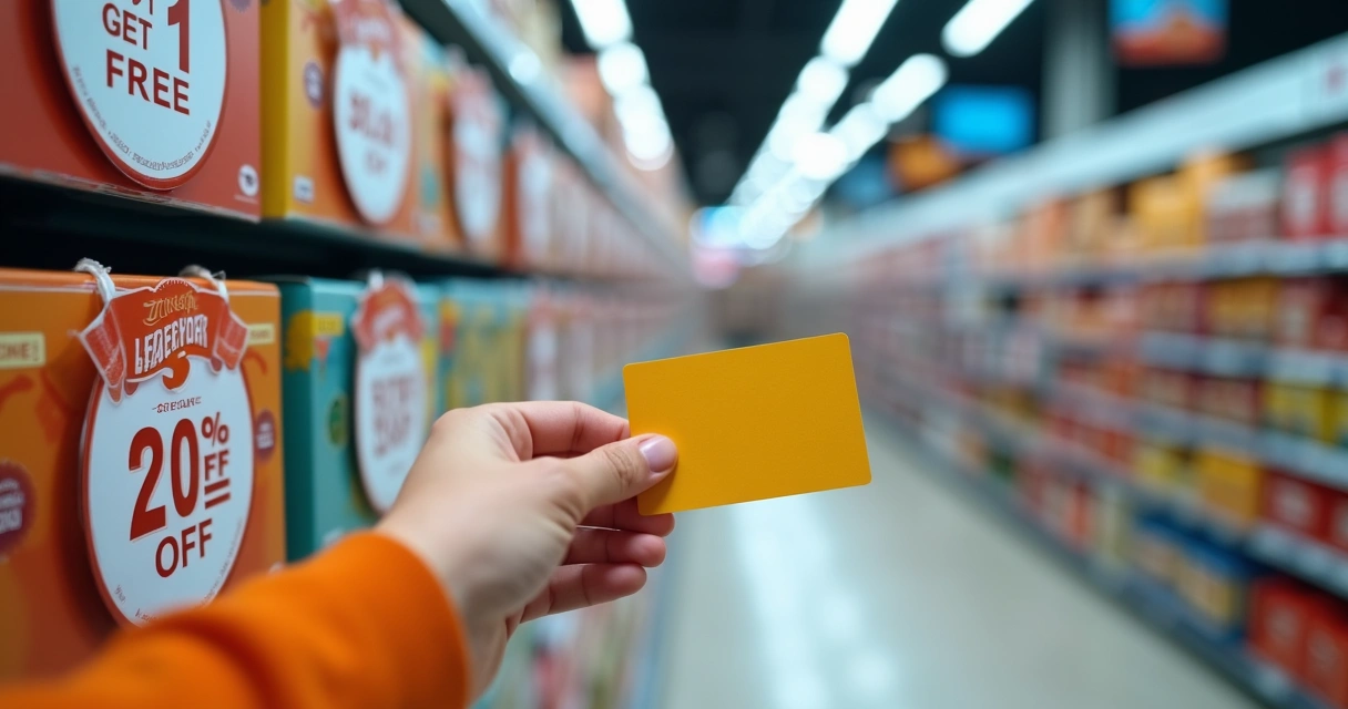 Close-up of a hand holding a supermarket loyalty card near special offers 
