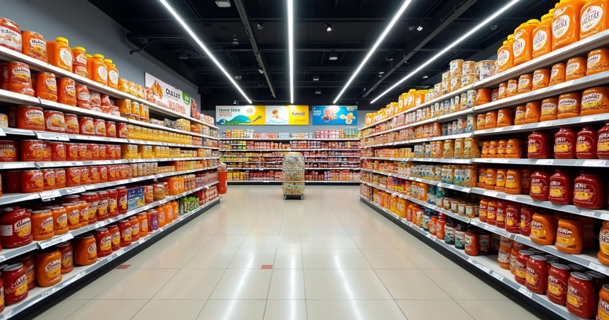 Prateleira de supermercado americano com embalagens grandes 