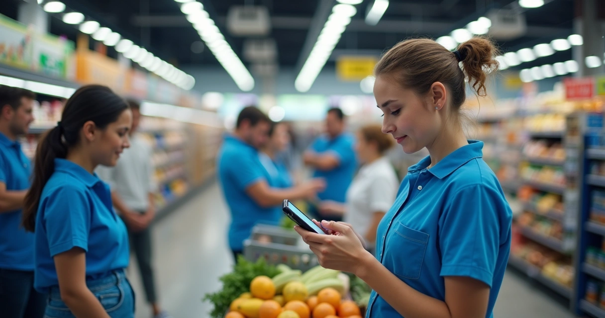 Cajero de supermercado revisando una solicitud en una app mientras clientes esperan 