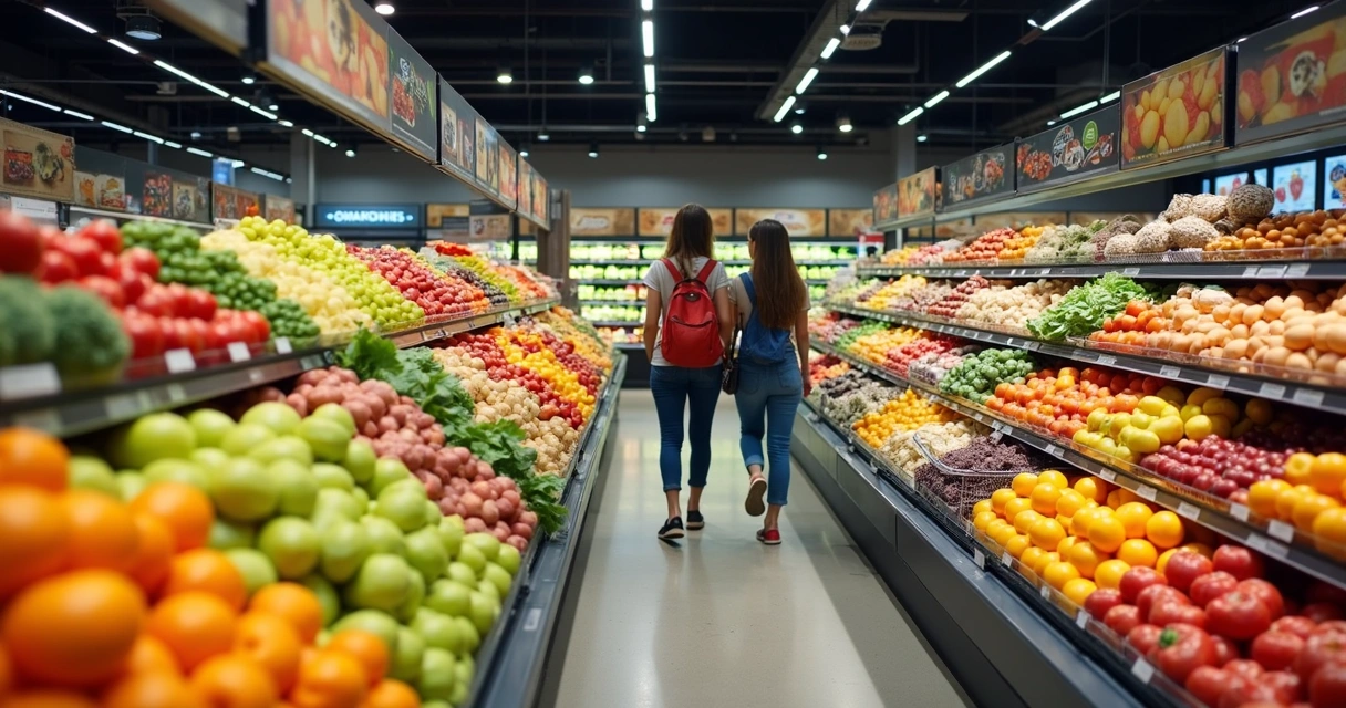 Supermercado australiano moderno, seção de frutas e estudantes comprando