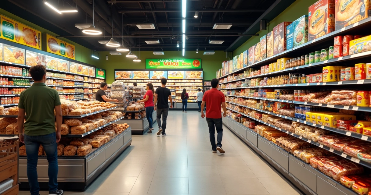 Prateleiras bem abastecidas com produtos brasileiros variados dentro de supermercado em Orlando 