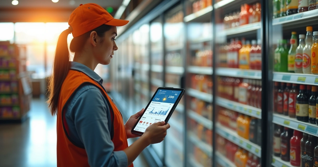 Funcionário de supermercado ajustando estoque de bebidas ao ver dados de previsão do tempo em tablet 