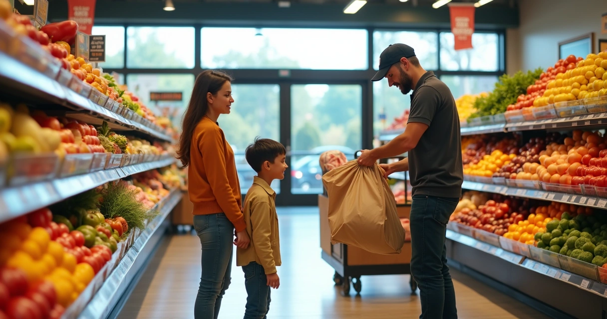 Família escolhendo produtos em um supermercado enquanto um entregador organiza sacolas para delivery. 