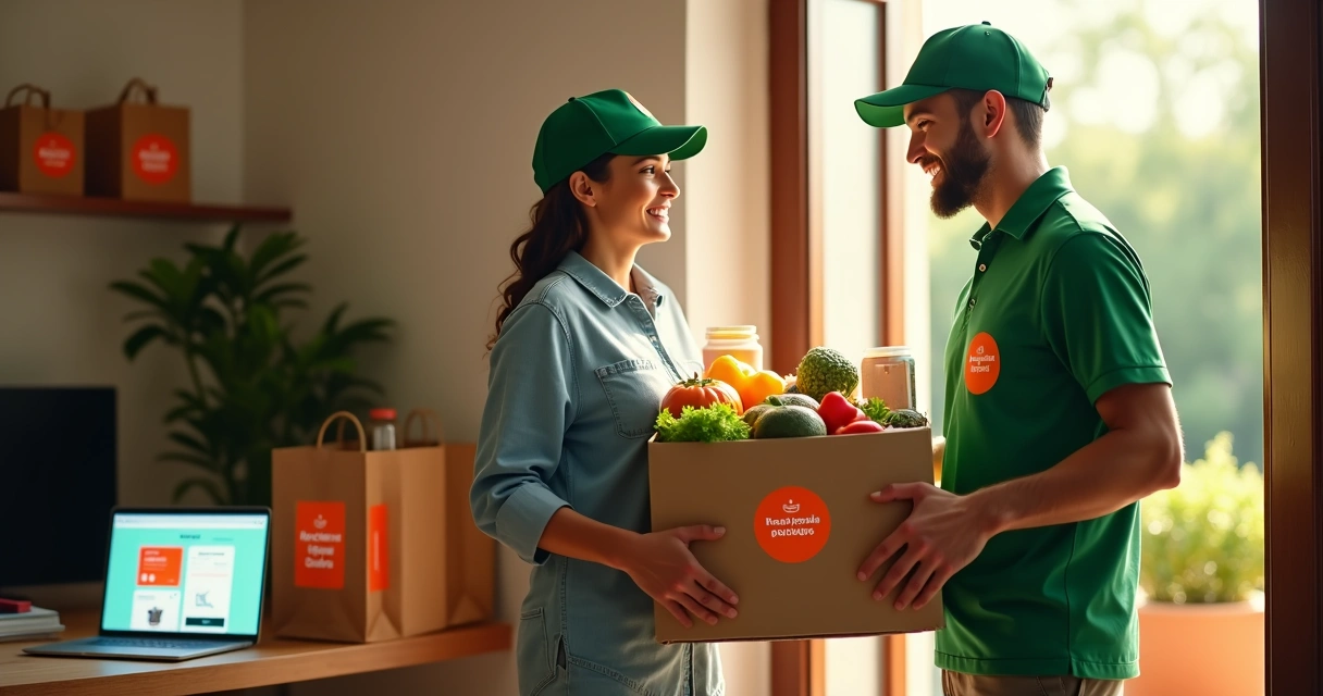 Cliente feliz recebendo compras de supermercado delivery na porta de casa 