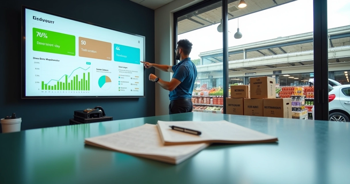Gestor de supermercado analisando indicadores de delivery em painel digital sobre fundo com cestas de compras 