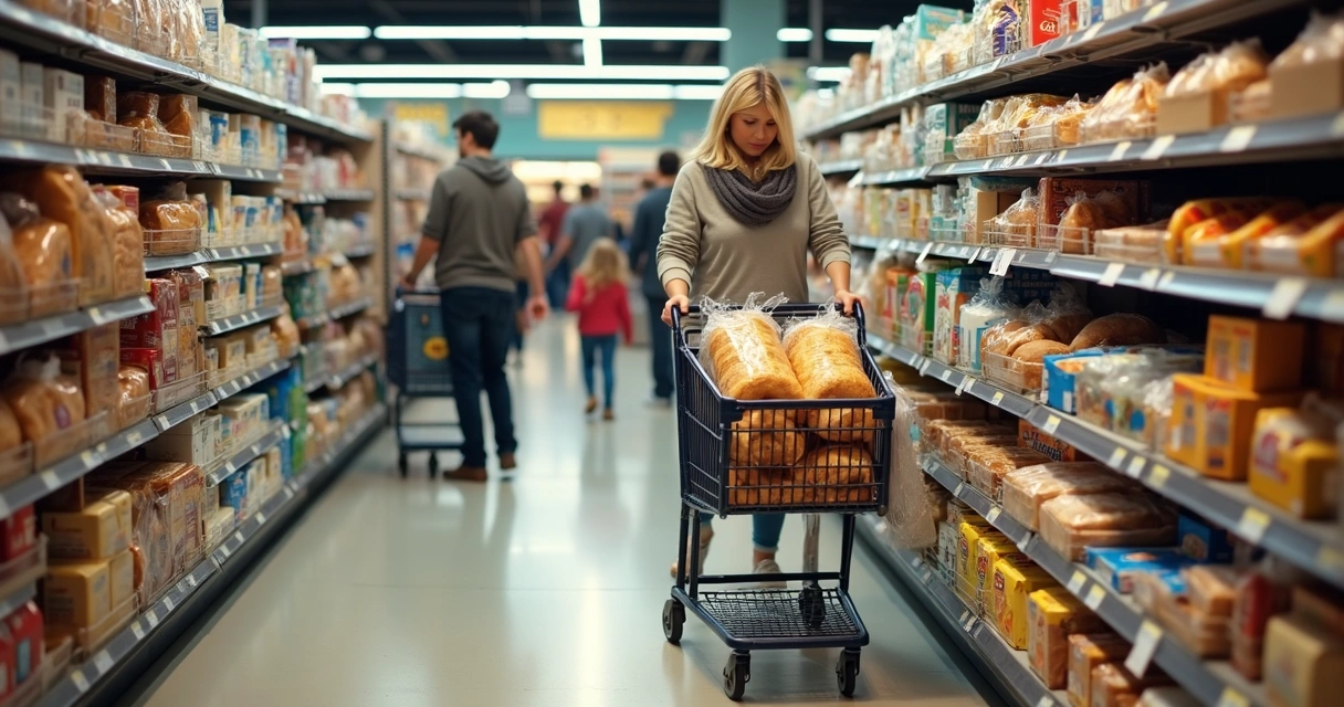 Sessão de supermercado nos EUA com produtos variados em prateleiras