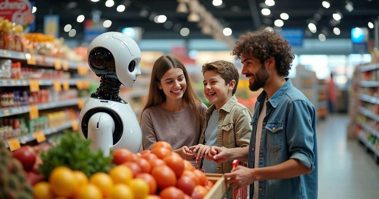 Mecatrônico interagindo com família em supermercado, crianças sorrindo, ambiente acolhedor 