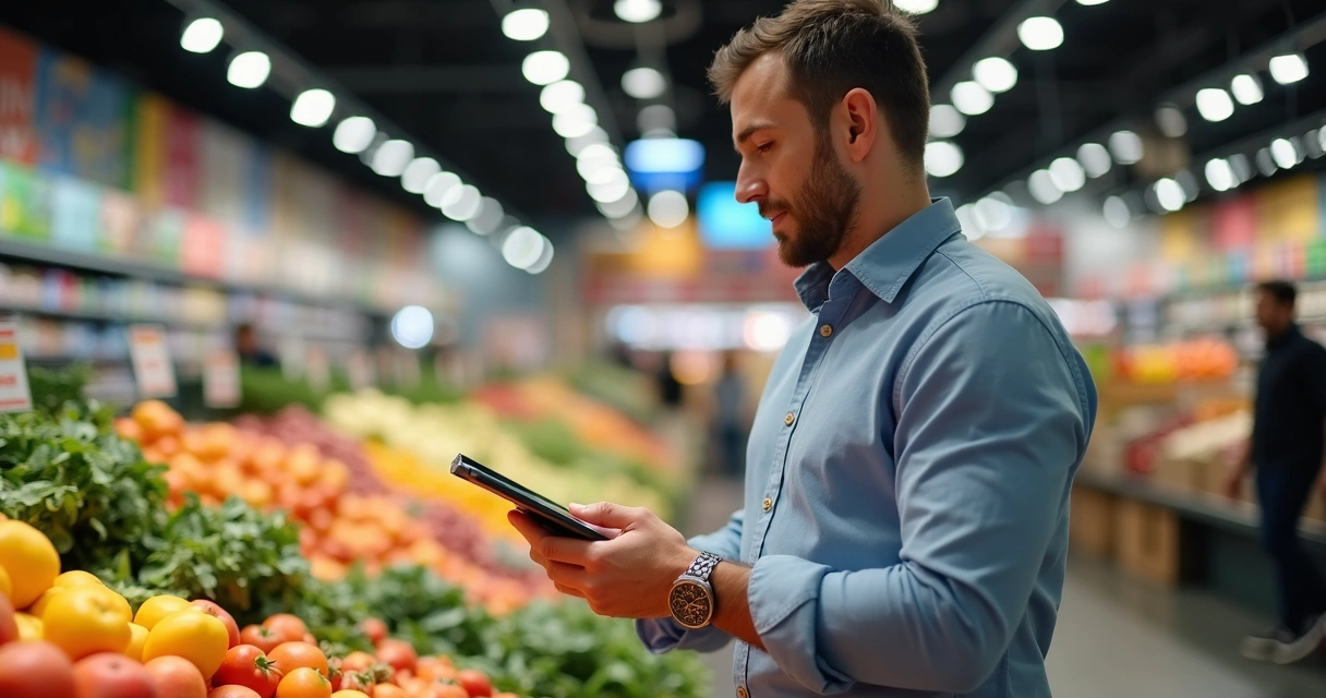 Gestor de supermercado analisando fluxo de compras com tablet em sessão de hortifruti 