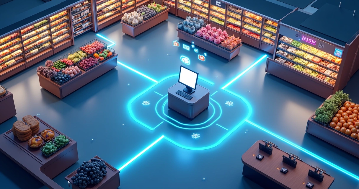 Mapa digital mostrando PDV conectando setores de supermercado 