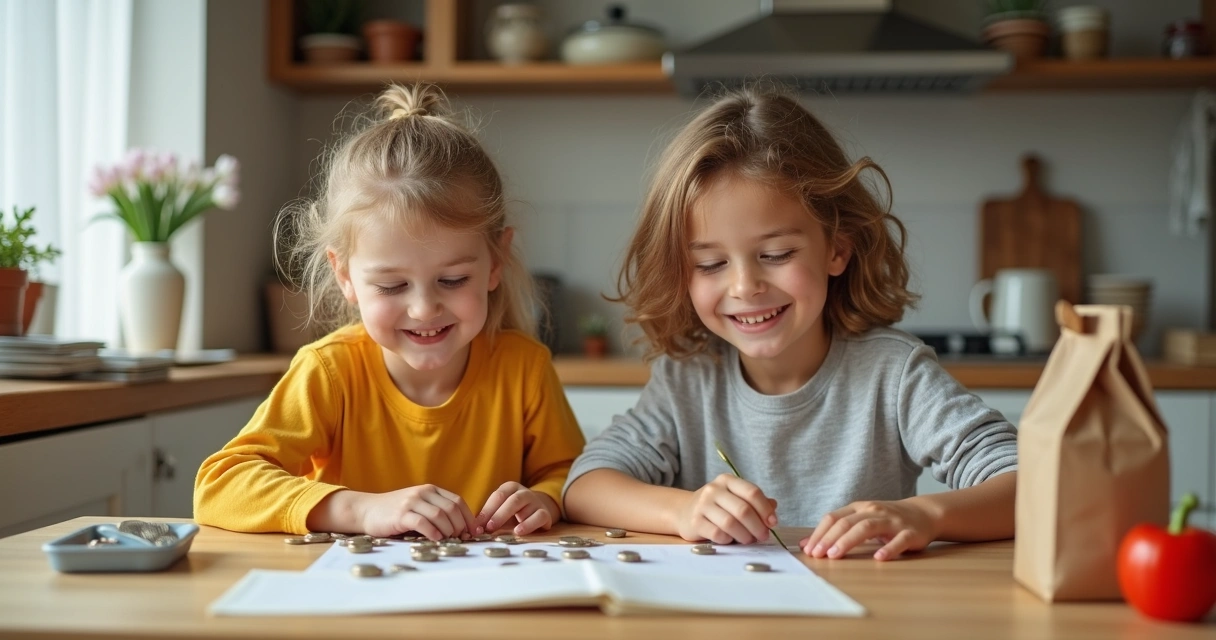 Crianças brincando de supermercado com embalagens e moedas de brinquedo sobre a mesa