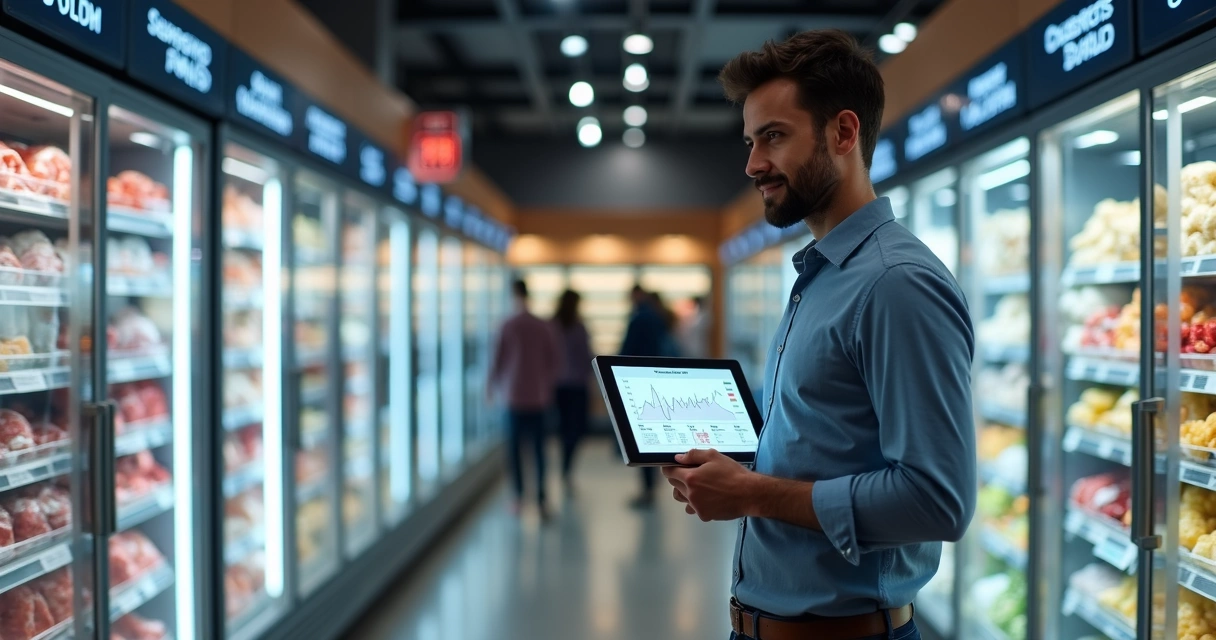 Supervisor checando dados em tablet em um supermercado 