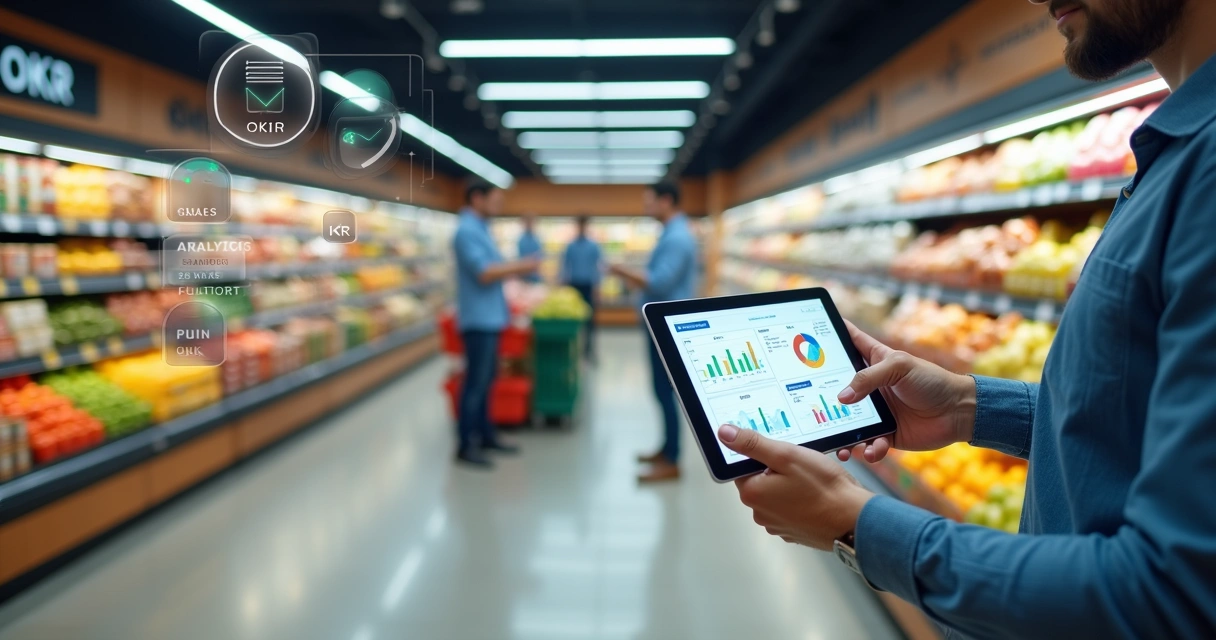 Gestor em supermercado analisando dashboard de métricas diante de gôndolas organizadas 