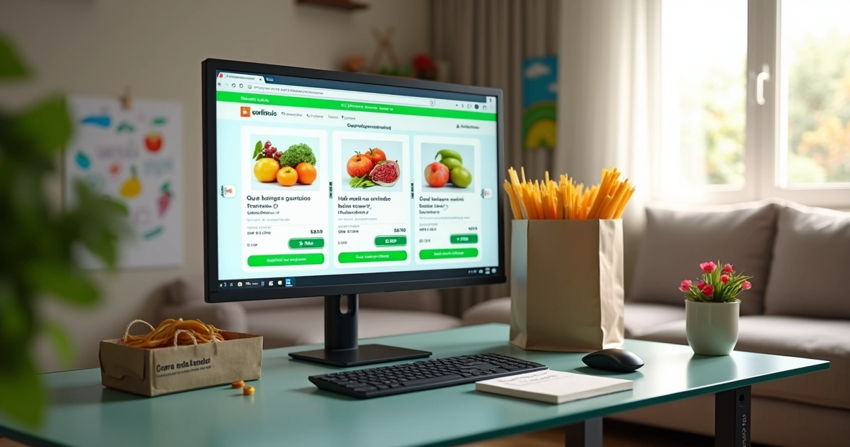 Tela dividida mostrando diferentes supermercados online com preços comparados 