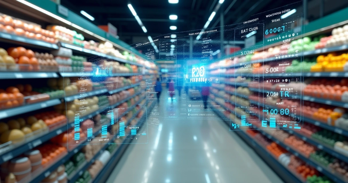 Prateleiras de supermercado com gráficos digitais no topo 