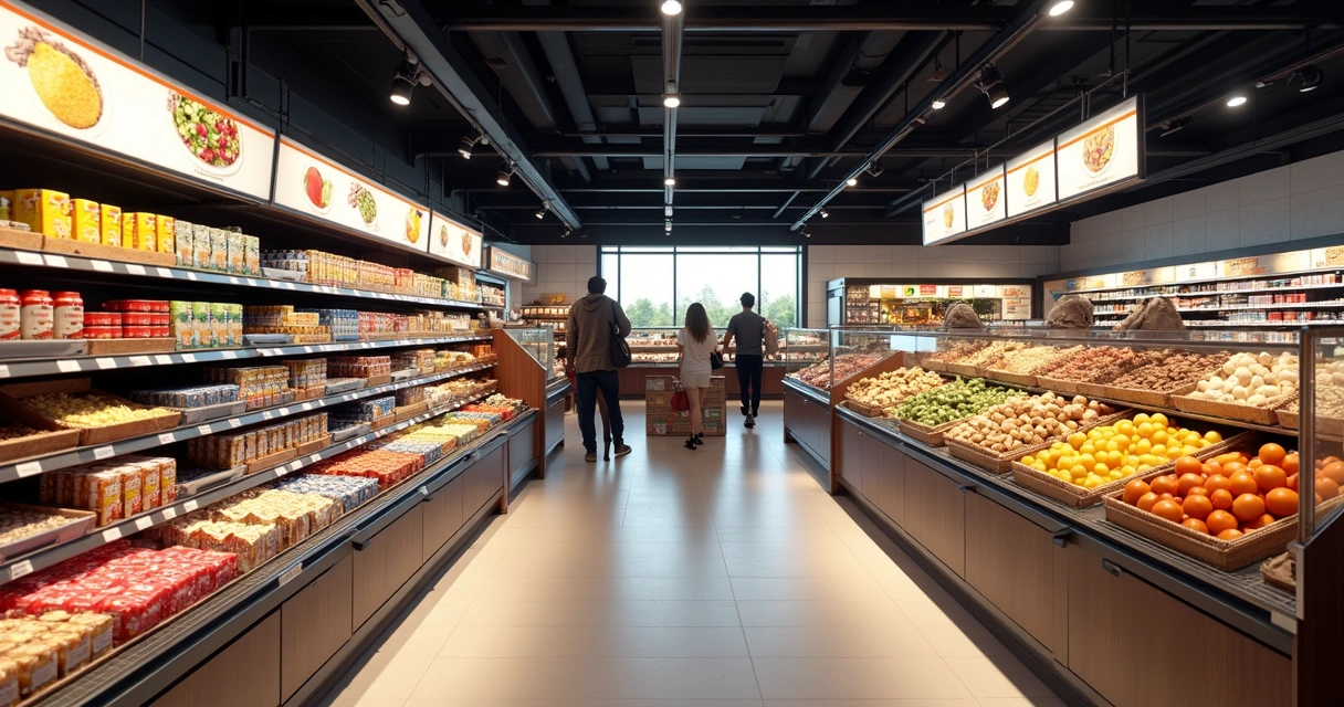 Corredor de supermercado com seção de produtos fit e snacks saudáveis 