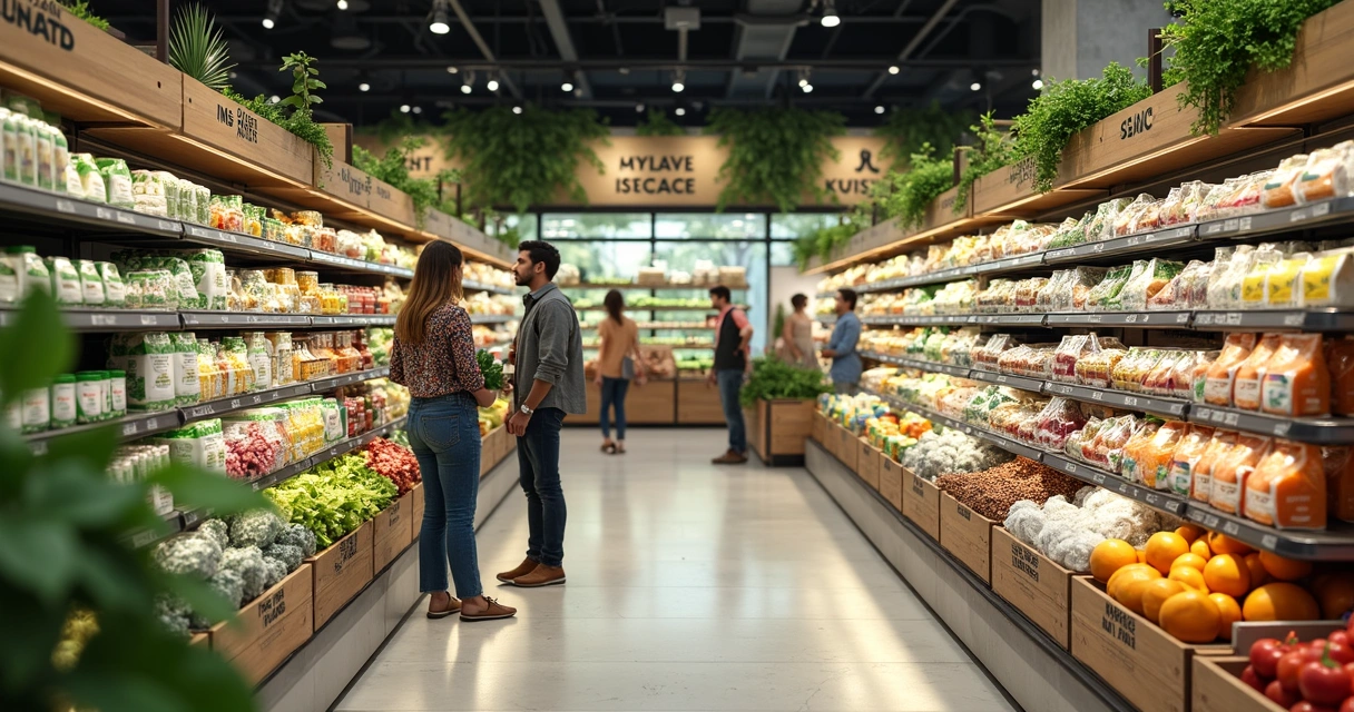 Prateleiras de supermercado com produtos sustentáveis em destaque. 