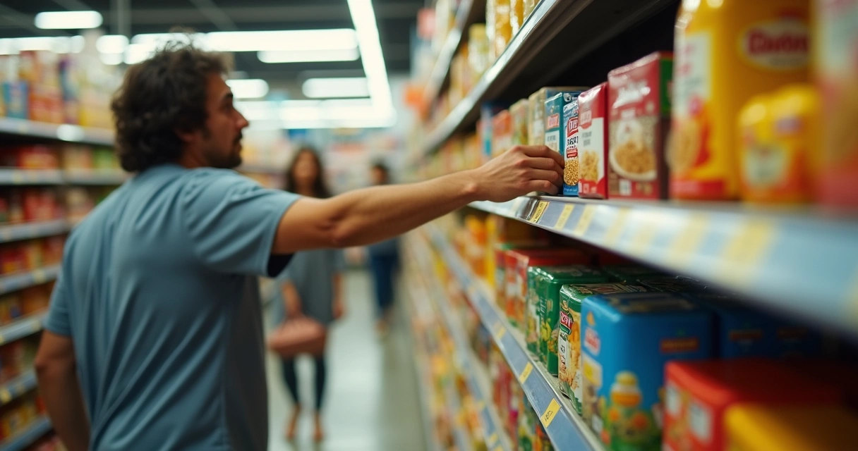 Etiqueta de preço sendo trocada em uma prateleira de supermercado 
